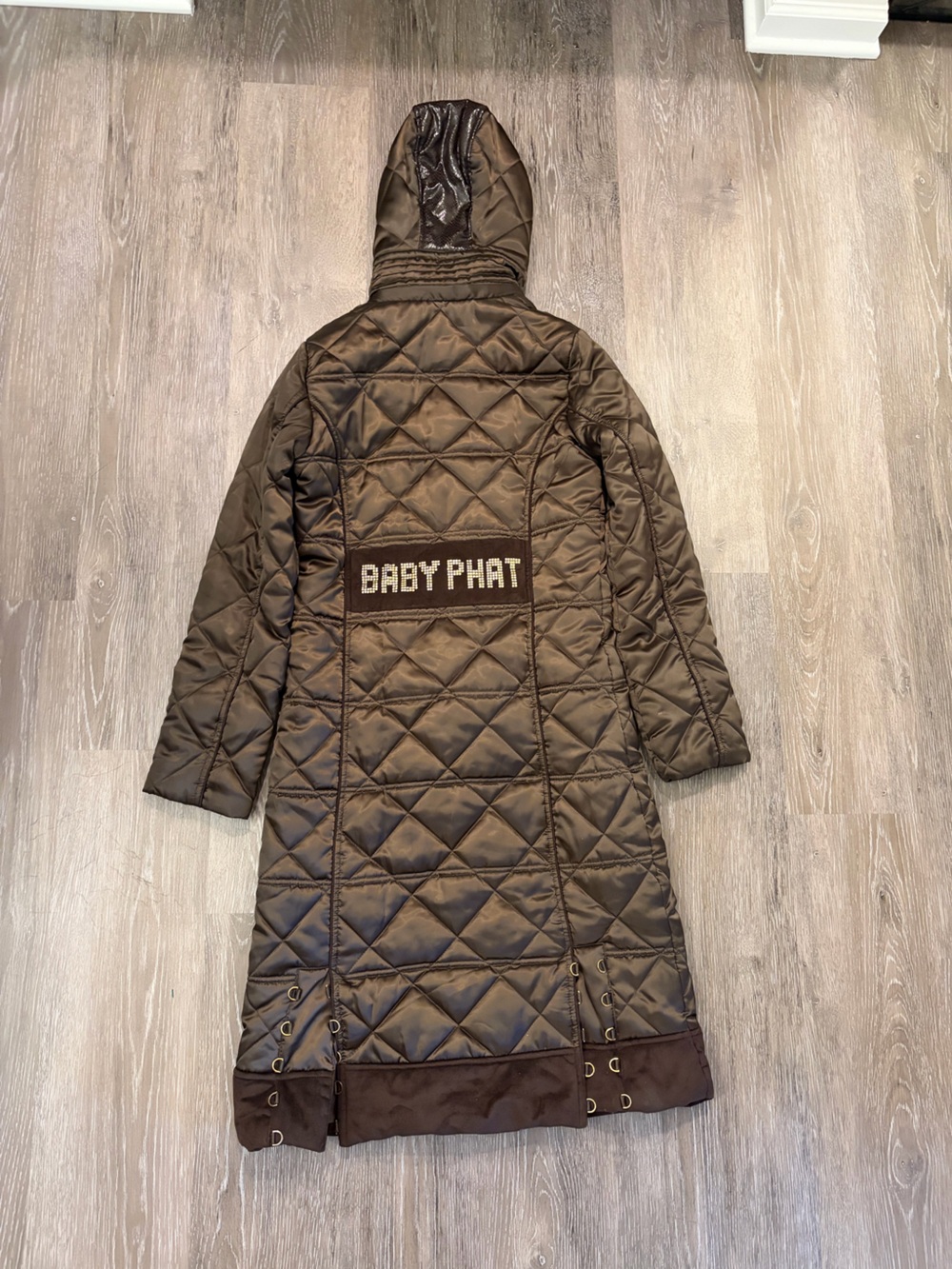 Vintage Y2K Baby Phat Brown Quilted Hooded Long Puffer Coat
